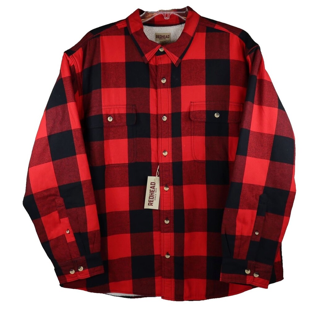 RedHead Sherpa Lined Flannel Shirt Shacket Red Buffalo Check Button Mens 2XL NWT